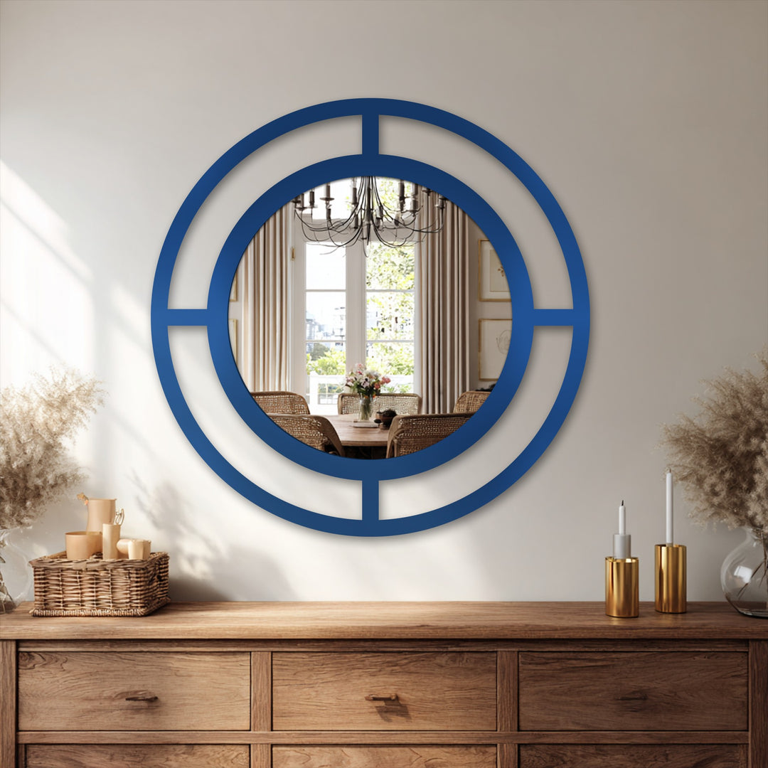 Striking blue edge detailing frames the modern double ring mirror, showcasing a contemporary framed wall mirror design with a unique border.