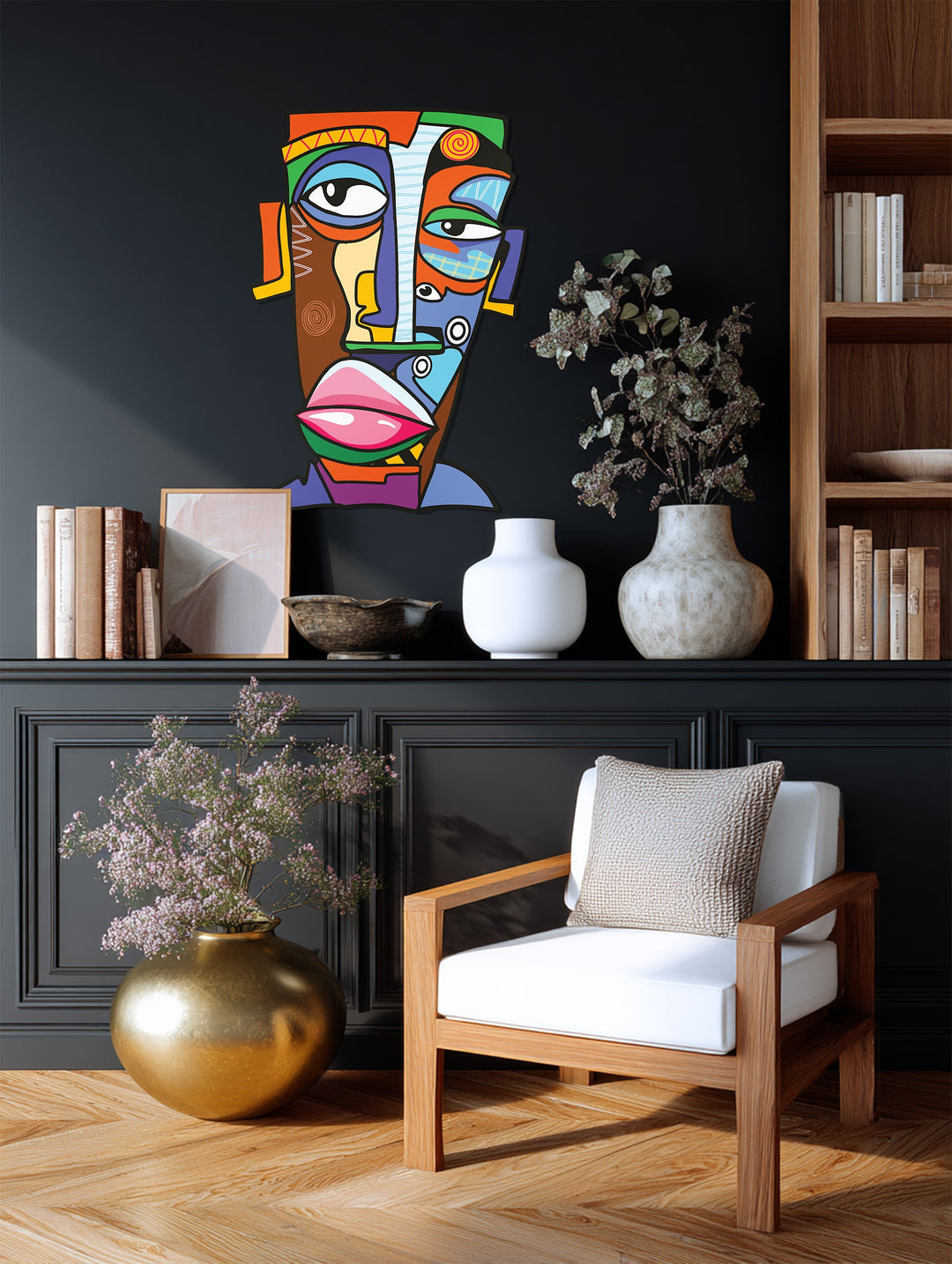 Colorful Abstract Face Metal Wall Art – Modern Cubist Décor