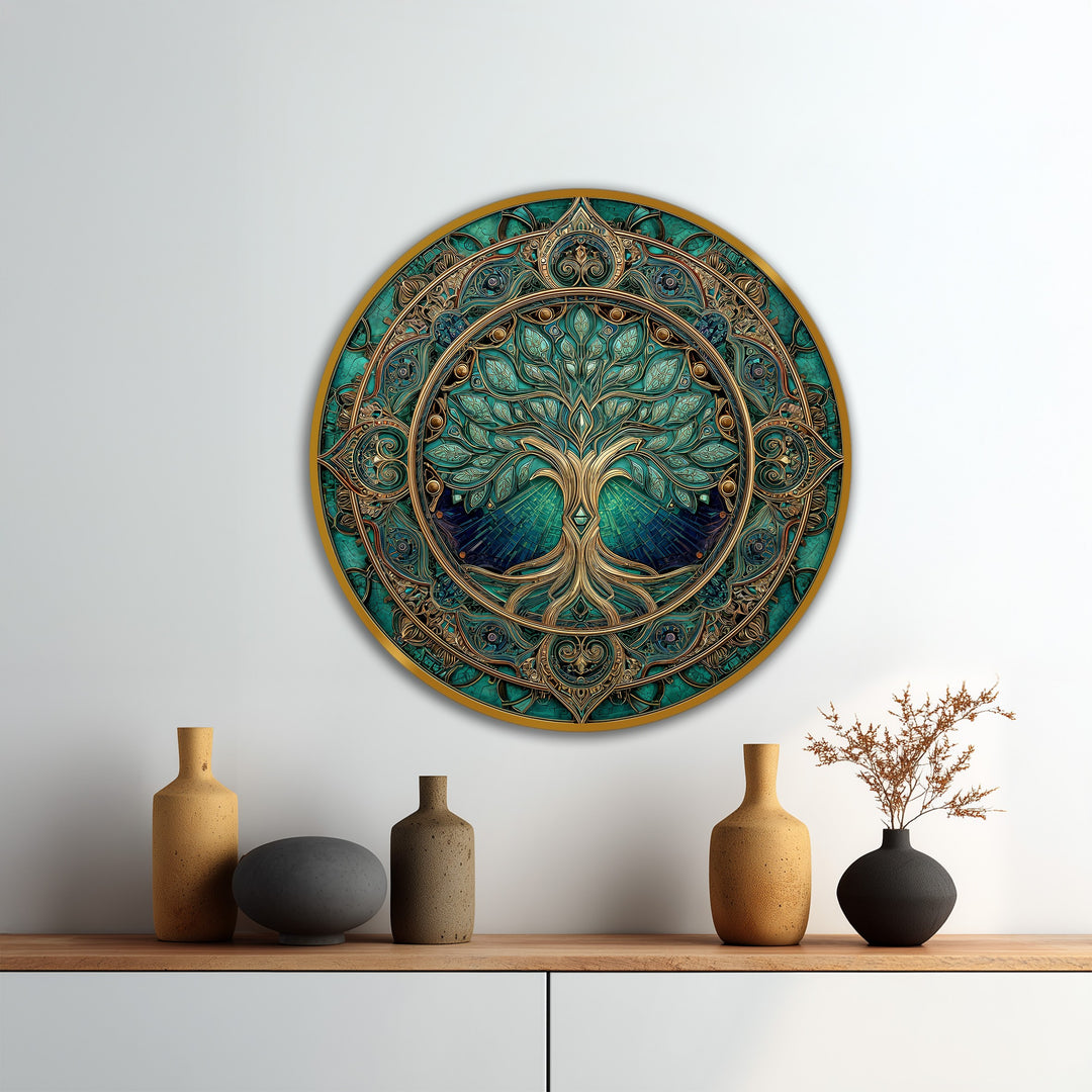 Emerald Sacred Tree – Ornate Round Wooden Oil Painting Wall Art
