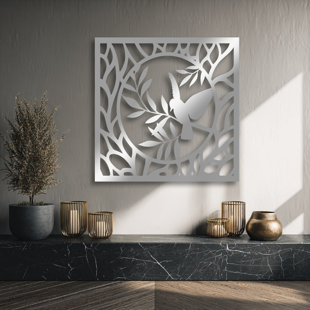 Striking decorative metal art displays a graceful bird within a detailed nature circle design, prominently enhancing the textured wall.