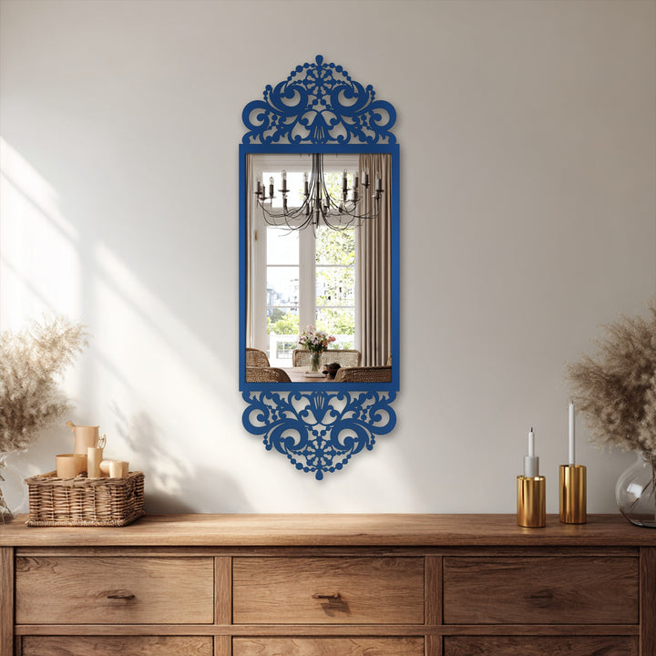Navy ornate baroque scroll frame mirror is a stunning statement with its bold, singular hue exemplifying this delightful decoration wall art.