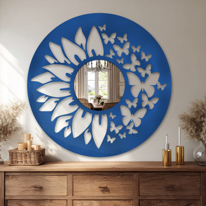 Crafted with sturdy construction, the vibrant blue Butterfly Bloom floor mirror features a seamless combination of reflective glass and decorative metal art in a unique design.