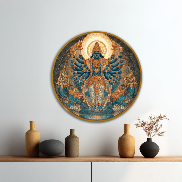 Evoking an abstract quality, the 'Divine Balance – Multi-Armed Deity Round Oil Painting' offers intricate oil painting decoration with swirling color and mythic, textural depth.