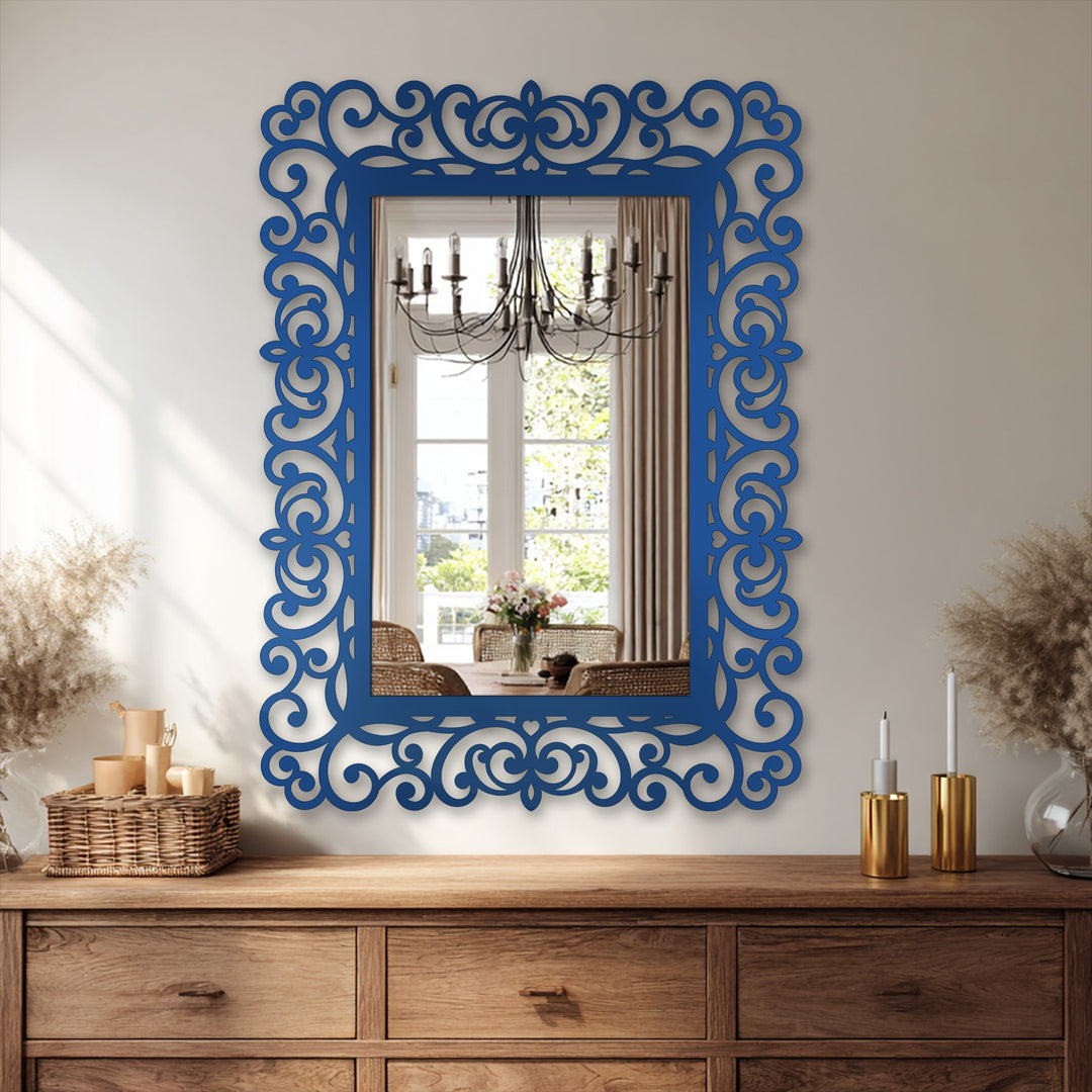 Highlighting the abstract quality, the ornamental black metal artwork on this baroque scroll rectangular floor mirror creates a mesmerizing focal point for any space, like looking at abstract bathroom mirror.