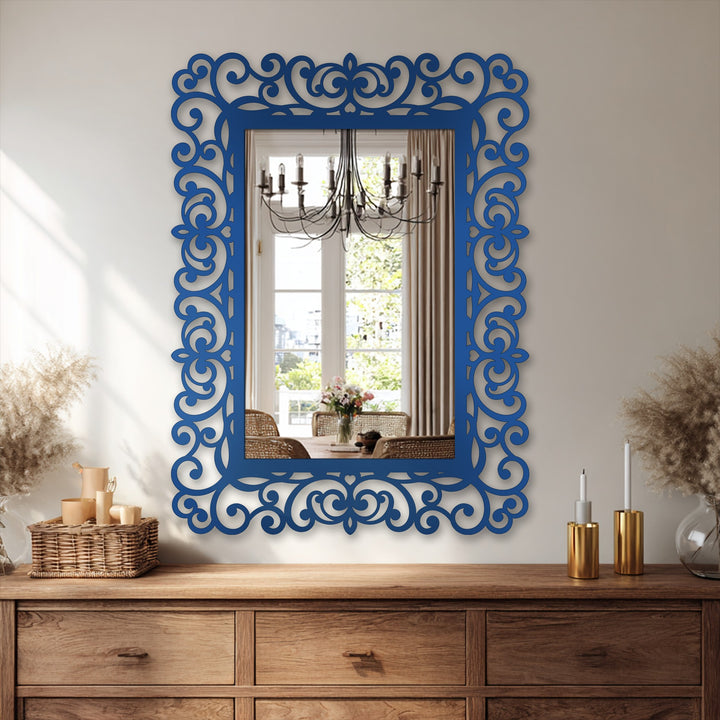 Highlighting the abstract quality, the ornamental black metal artwork on this baroque scroll rectangular floor mirror creates a mesmerizing focal point for any space, like looking at abstract bathroom mirror.