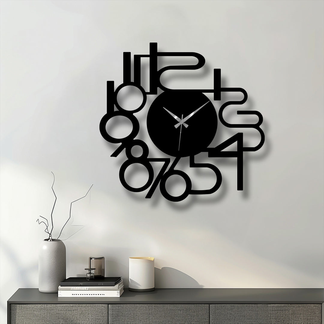 The dimensional layering of abstract, oversized numbers on this minimalist metal wall decor creates an intricate visual depth.