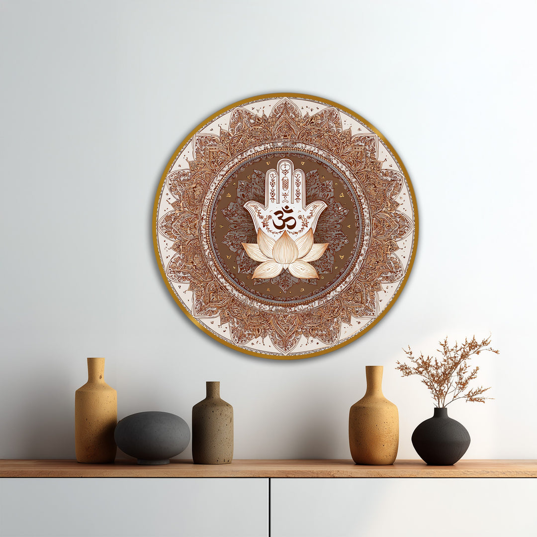 Crisp white background wall with minimalist decor accentsuates the Sacred Lotus Hamsa round oil painting home decor, highlighting its spiritual design.