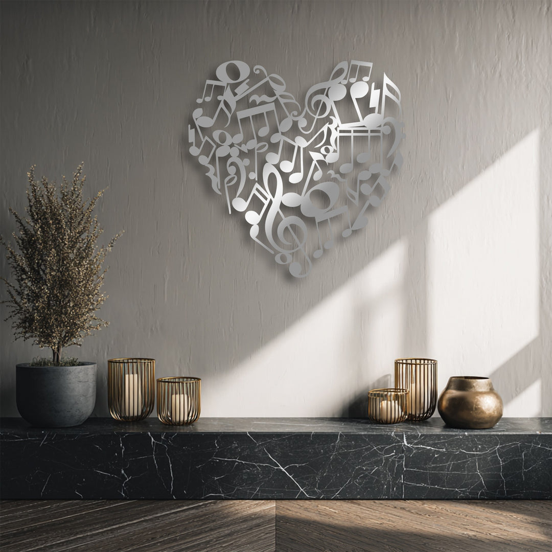 An abstract heart-shaped metal art for wall, intricately designed with intertwined music notes, creates an artistic melody on a textured wall.