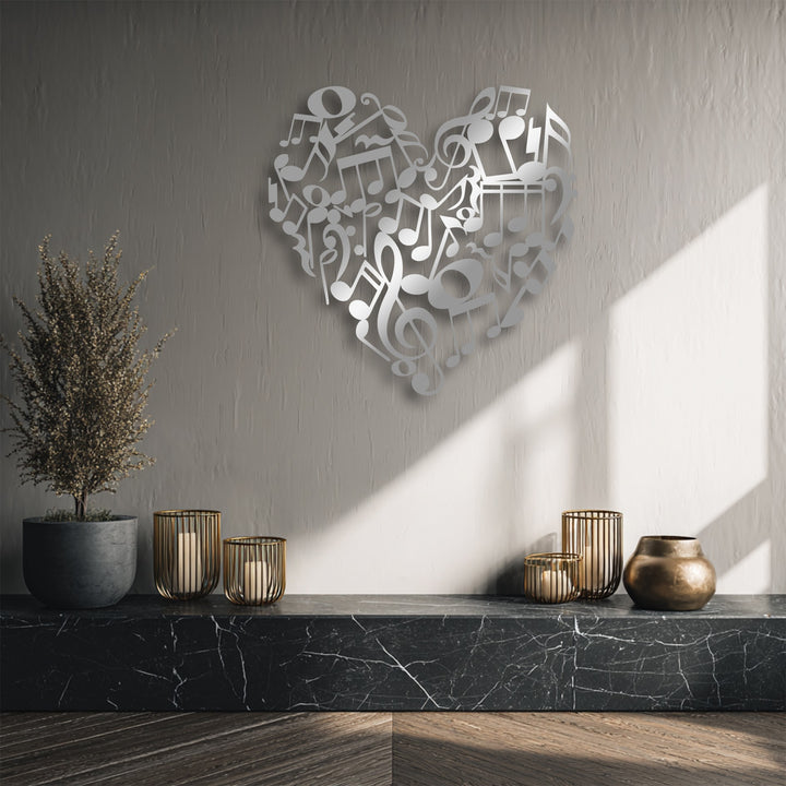 An abstract heart-shaped metal art for wall, intricately designed with intertwined music notes, creates an artistic melody on a textured wall.