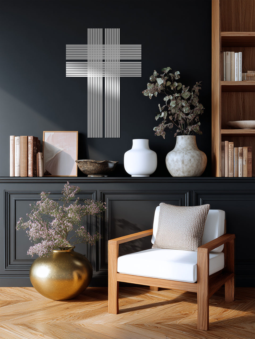 التوازن السماوي – صليب فضي خطي فن جداري معدني