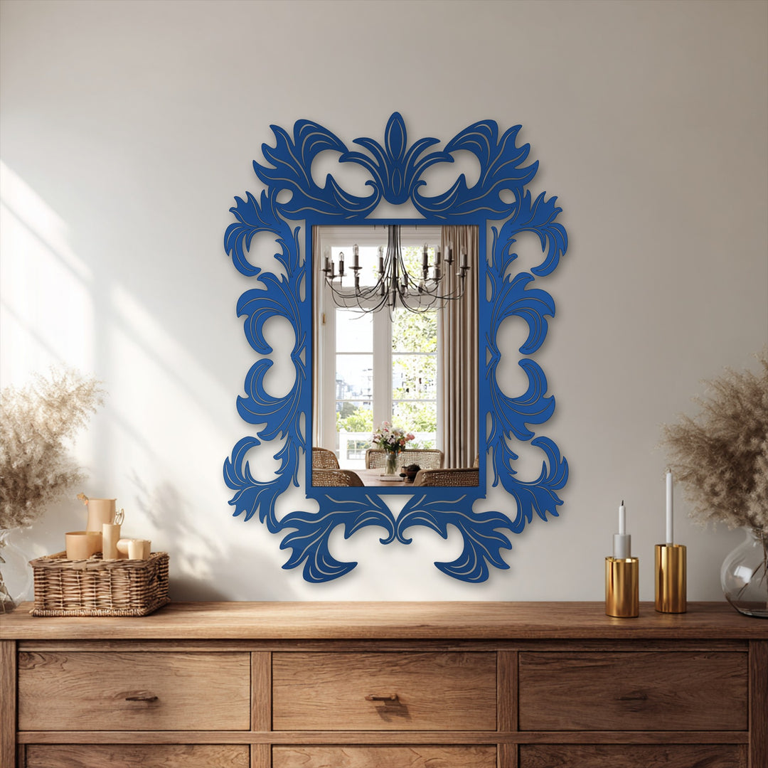 Showing the realistic detail of an ornate baroque frame metal wall mirror to inspire decorating with wall mirrors in a classic luxury style.