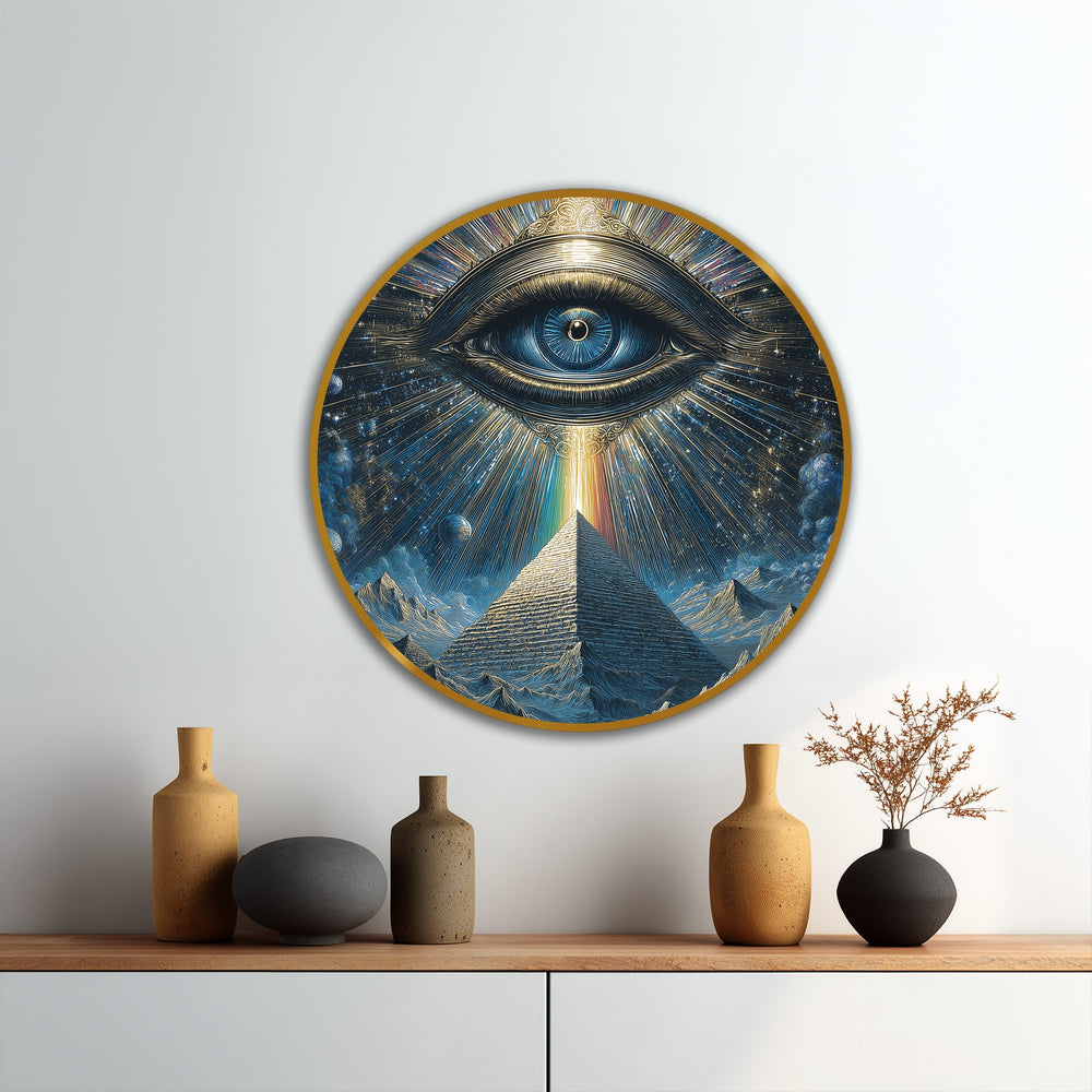 Exquisite oil painting decoration displays rich textures and intricate brushwork, bringing a celestial vision of a mystical pyramid eye to life with vibrant depth.