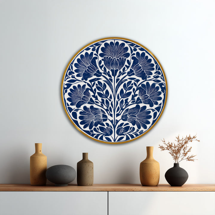 blue botanical round painting
