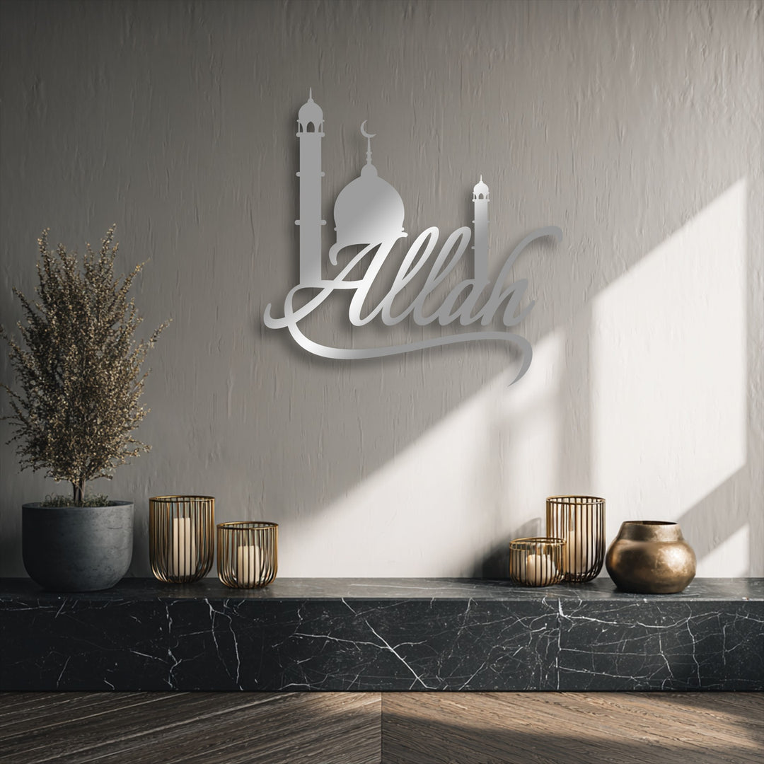 The abstract quality of this Allah Calligraphy metal art for wall is highlighted by the mosque silhouette, creating a serene Islamic decor piece.