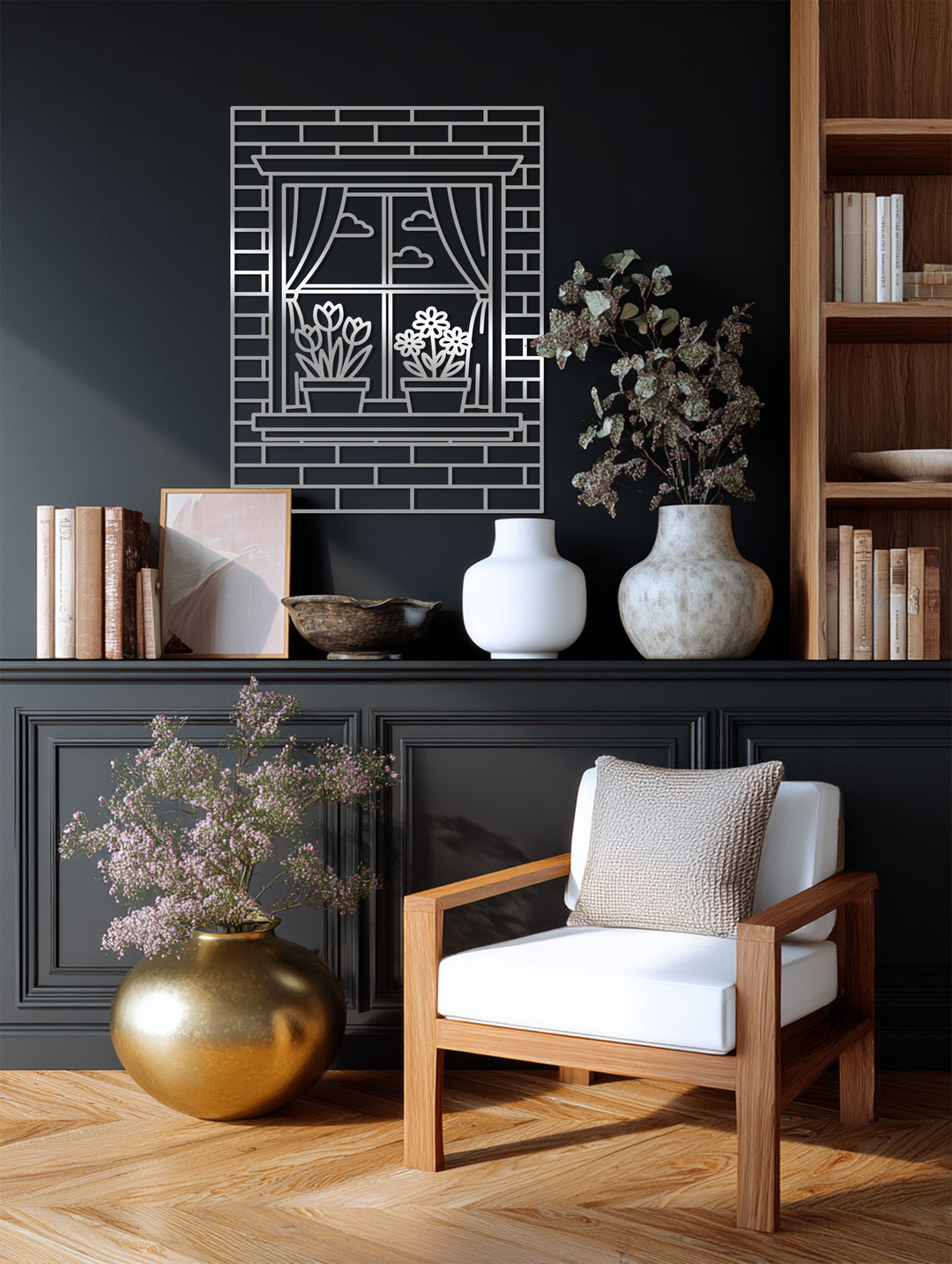 Floral Window Scene – Decorative Metal Wall Art with Curtains & Flowers