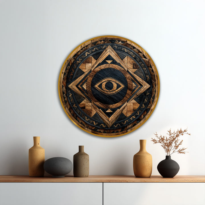 Dramatic color contrast defines this rustic, round tribal guardian eye oil painting home decor, a geometric artwork featuring deep blacks against natural wood tones.