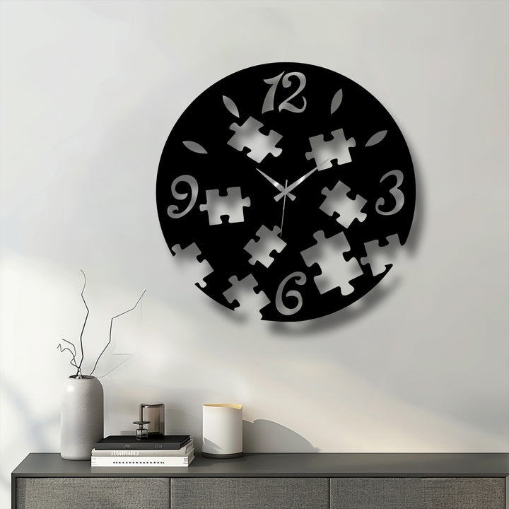 Crafted with precision, this puzzle pieces metal art for wall clock showcases a modern abstract design using high-quality steel for a durable and decorative timepiece.