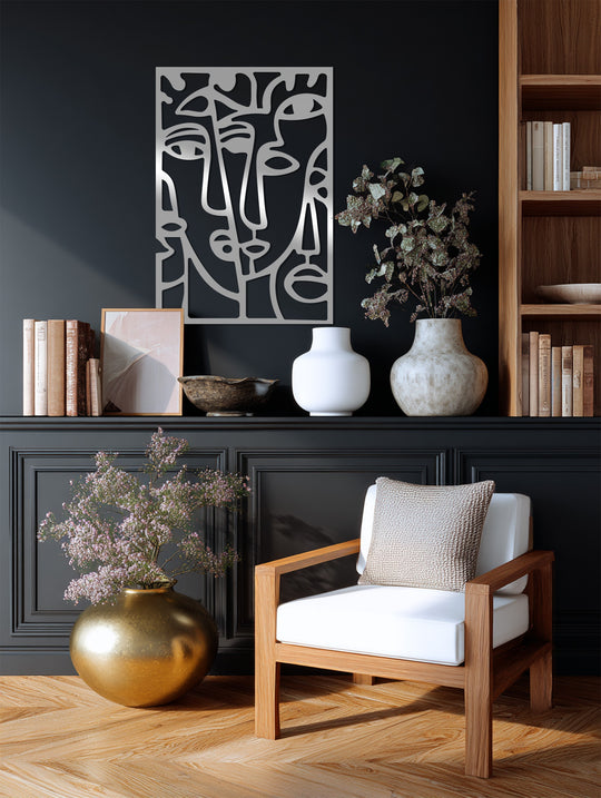 Focal point showcases the abstract faces metal wall art, a modern minimalist line art decoration wall art piece perfect for adding a unique touch.