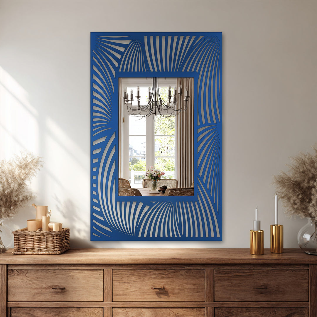 Curvilinear details highlight the fluid, organic motifs of the blue-framed modern wall mirrors, showcasing the flowing wave line pattern of this rectangular floor mirror.