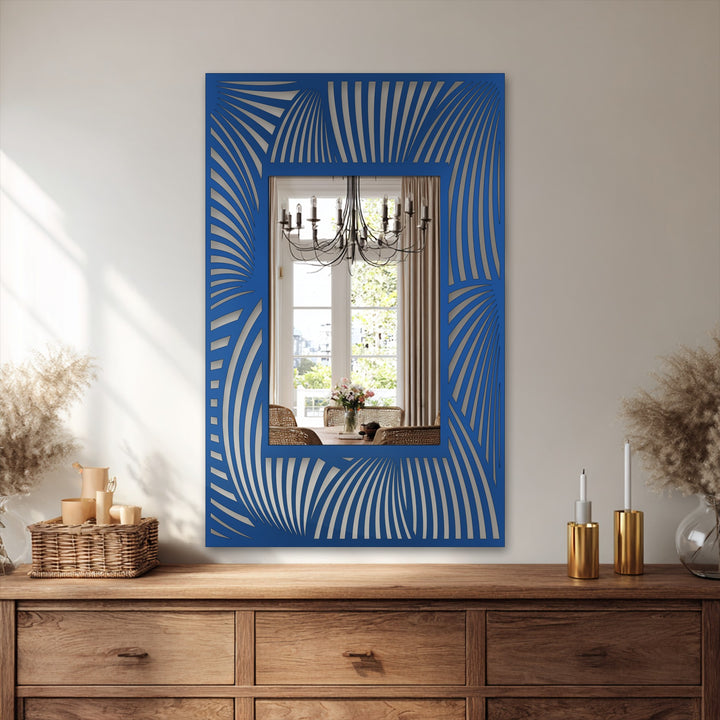 Curvilinear details highlight the fluid, organic motifs of the blue-framed modern wall mirrors, showcasing the flowing wave line pattern of this rectangular floor mirror.