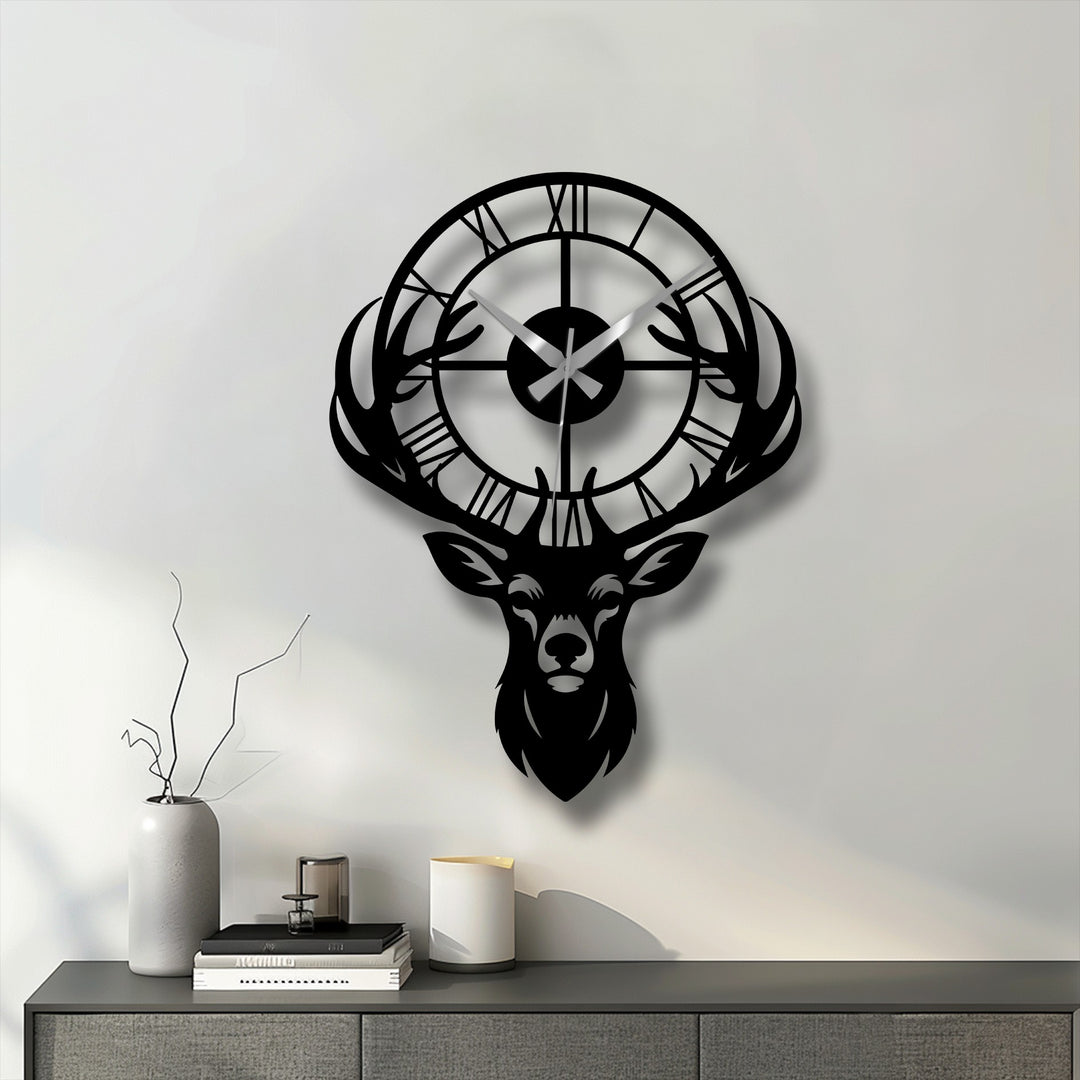 Majestic deer antler metal wall clock stands out as a piece of decorative metal art, incorporating rustic Roman numerals for a distinctive look.