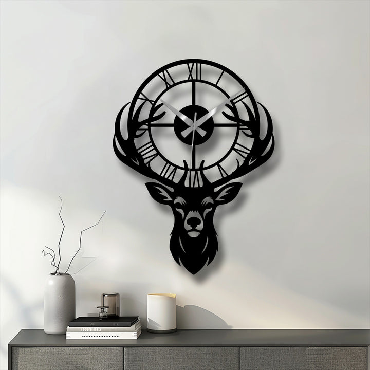 Majestic deer antler metal wall clock stands out as a piece of decorative metal art, incorporating rustic Roman numerals for a distinctive look.