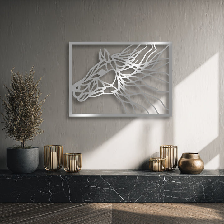 This layered abstract horse portrait metal wall decor exhibits compelling depth, casting shadows on the textured wall, adding a dynamic visual element.