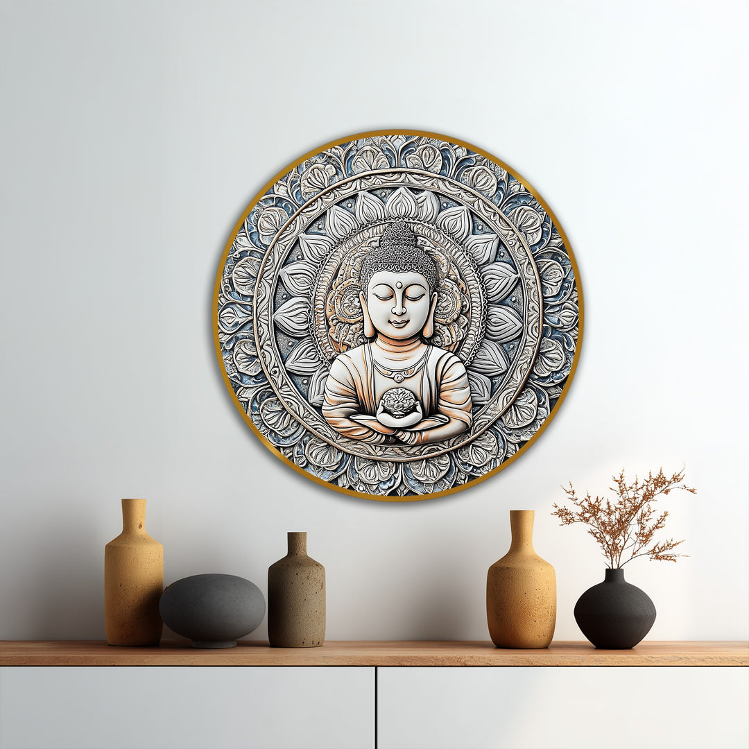 The focal point is this Buddha's serene expression within the Sacred Harmony mandala, a beautiful oil painting reproduction print in spiritual, cool blue tones.