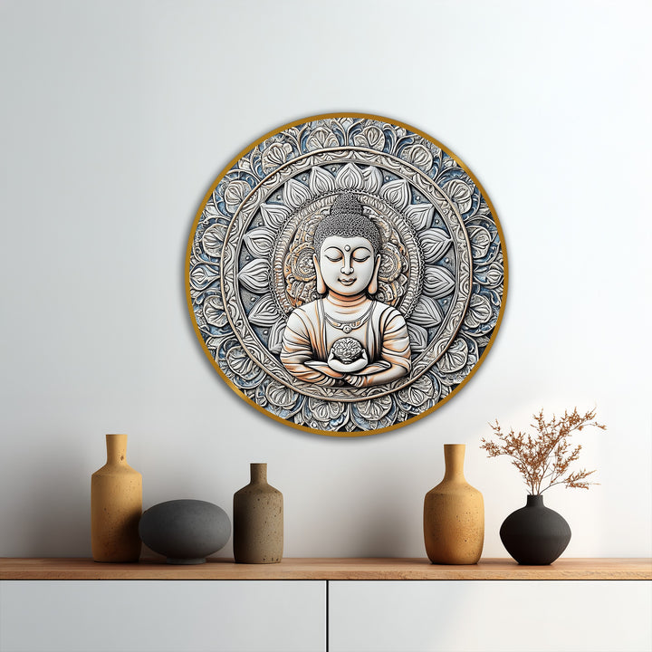 The focal point is this Buddha's serene expression within the Sacred Harmony mandala, a beautiful oil painting reproduction print in spiritual, cool blue tones.
