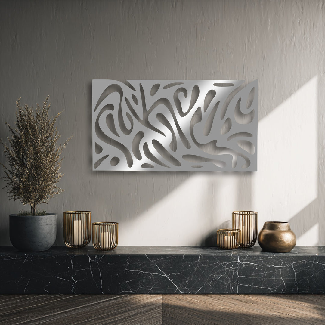 Bright sunlight highlights the textured wall and reflective abstract fluid pattern metal art for wall, showcasing its modern panel decor.