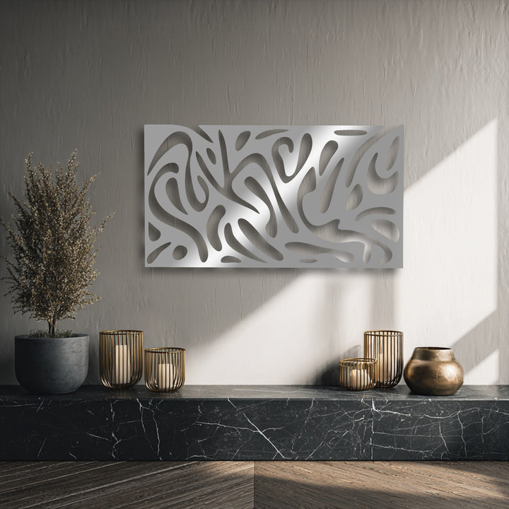 Bright sunlight highlights the textured wall and reflective abstract fluid pattern metal art for wall, showcasing its modern panel decor.