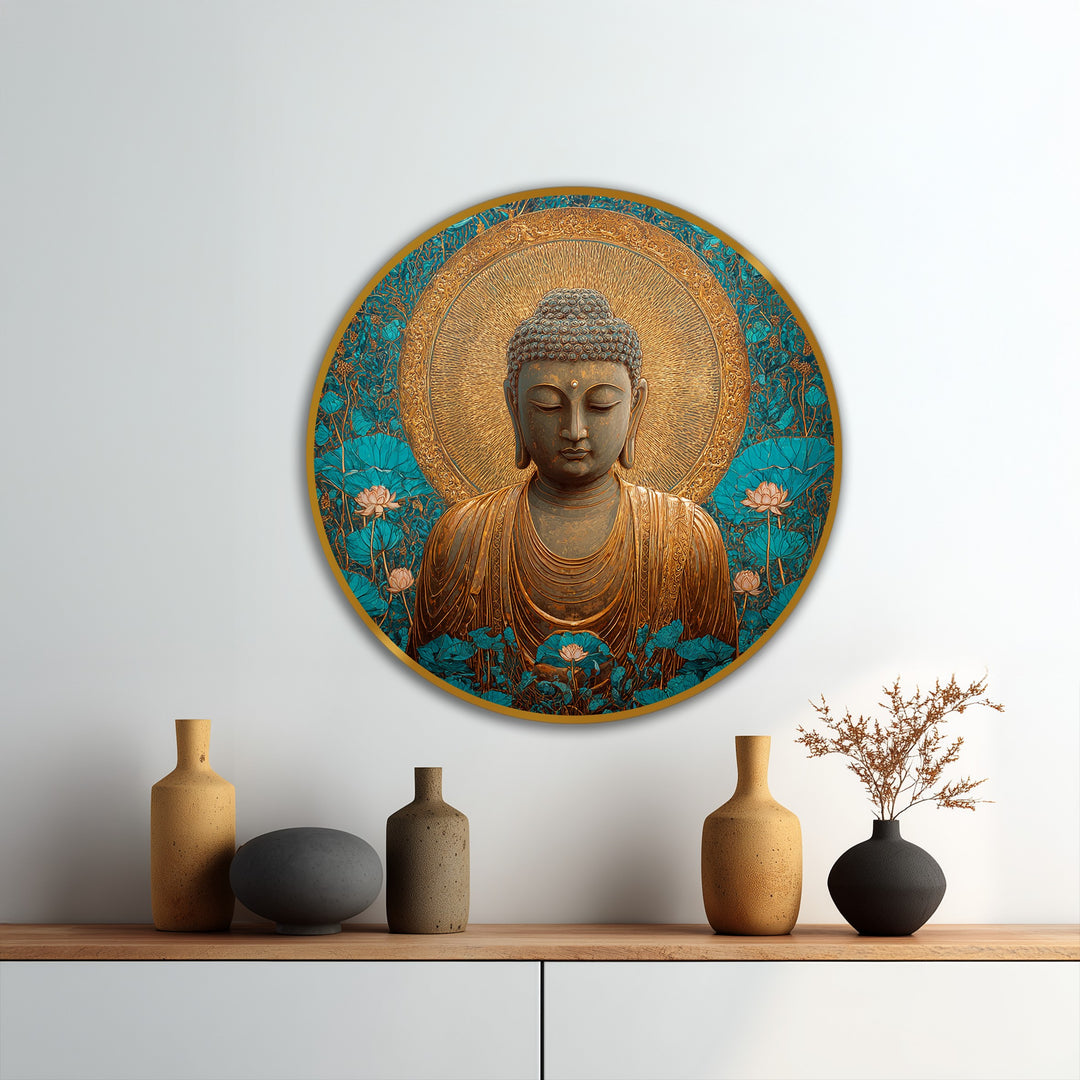 Exploring depth and layers, this oil painting artwork features a circular composition with a serene golden Buddha surrounded by intricately layered lotus blossoms and teal accents.