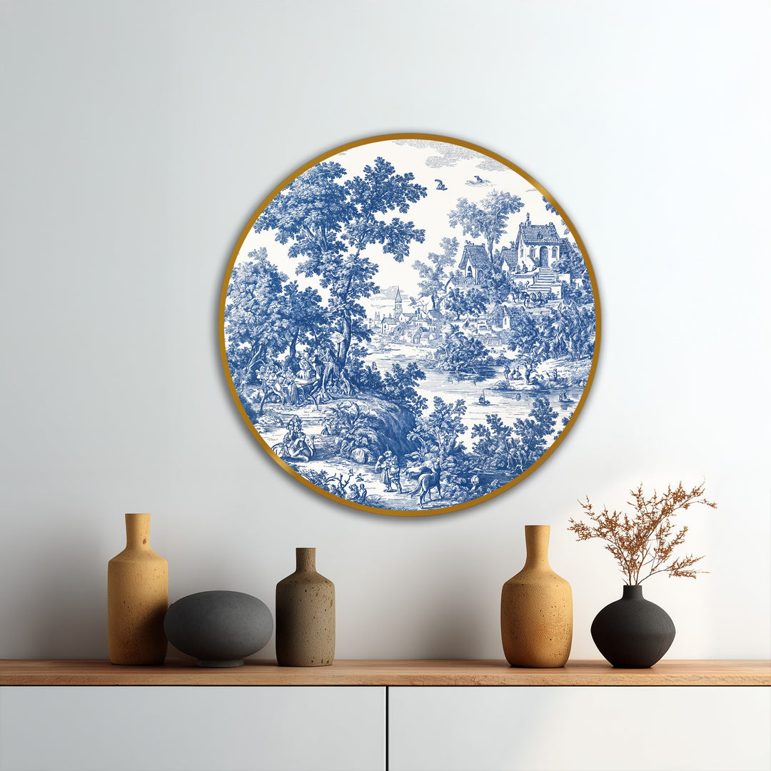 Toile azul clásico campestre – Redondo Cuadro al óleo