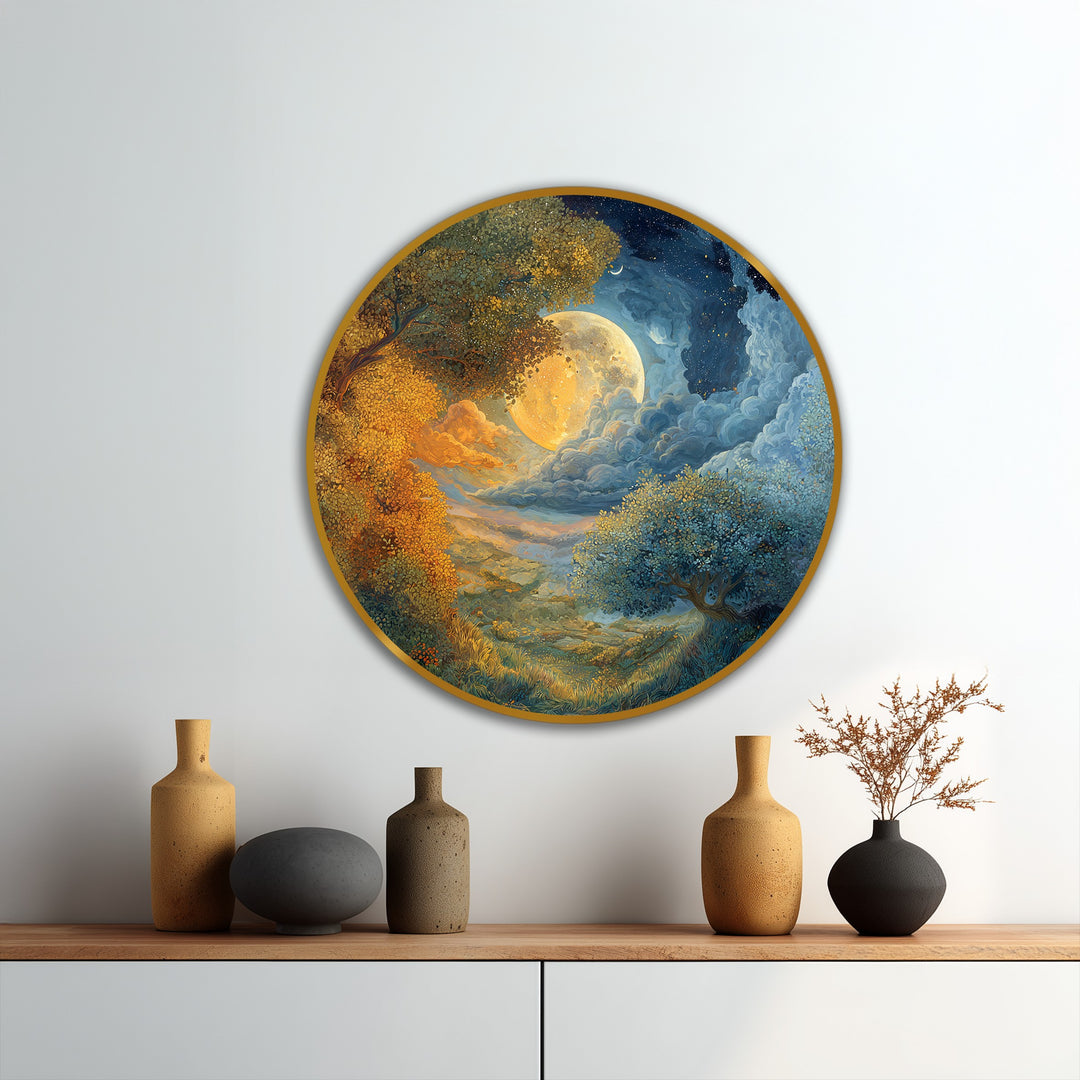 Depicting the darkest area of this moonlit harmony oil painting art prints, a dreamlike landscape highlights the contrast between golden and blue trees under a full moon.