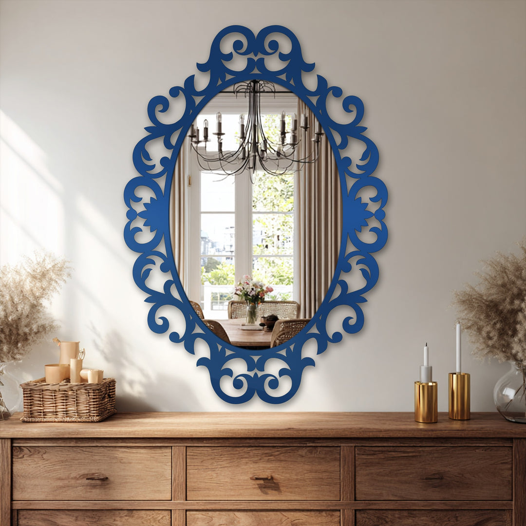 Bathroom mirror with ornate decorative edge