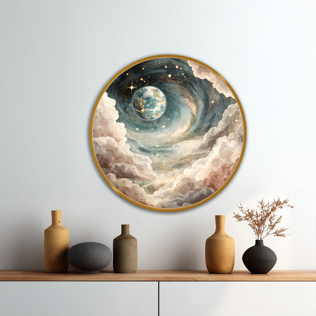 Framed with a golden edge, this round celestial spiral dream oil painting art piece showcases cosmic earth and stars nestled within swirling, dreamy borders.