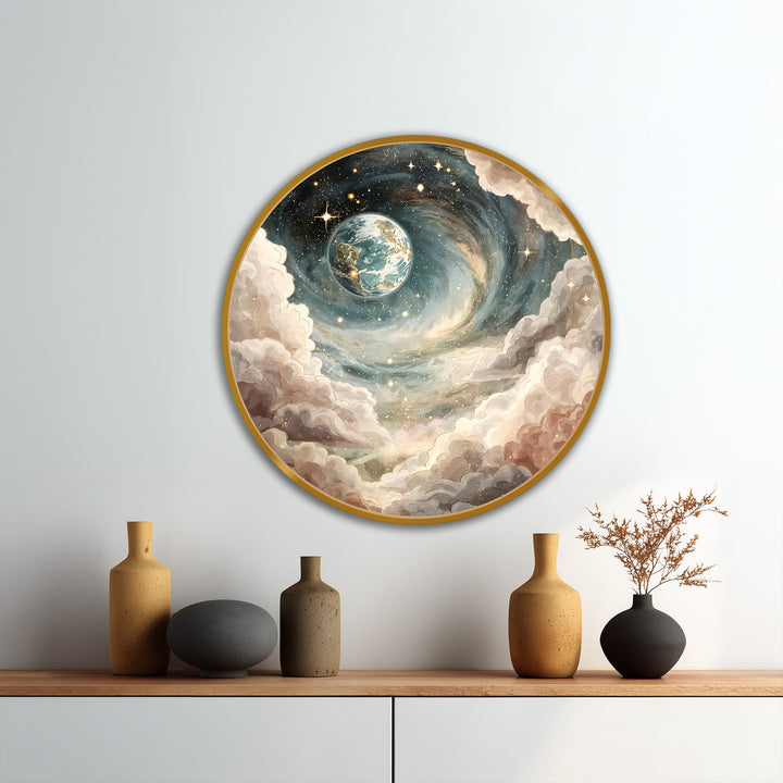 Framed with a golden edge, this round celestial spiral dream oil painting art piece showcases cosmic earth and stars nestled within swirling, dreamy borders.