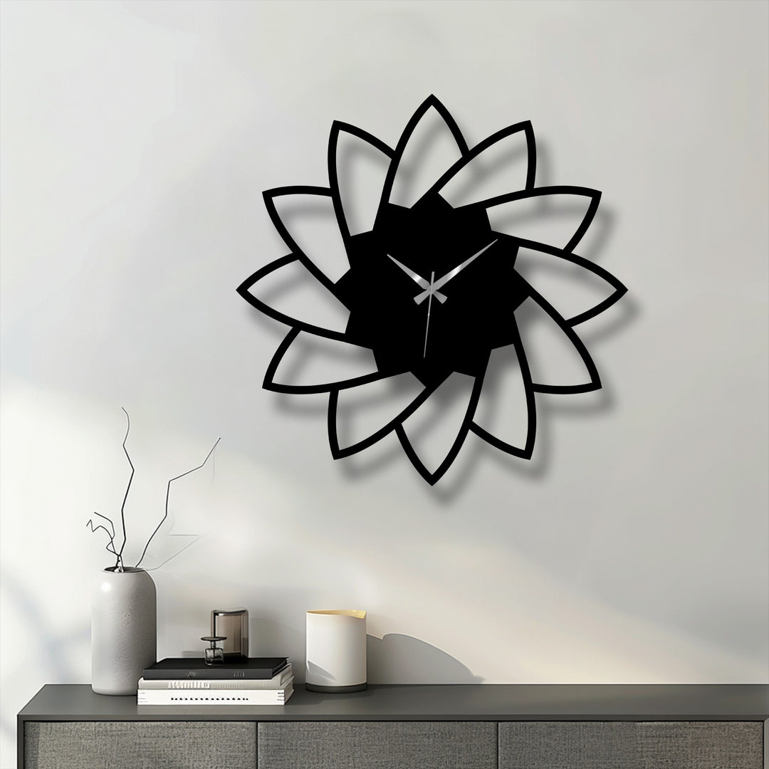 Showcasing the focal point of this lotus bloom metal wall clock, an intriguing piece of metal art for wall displaying a minimal floral design.