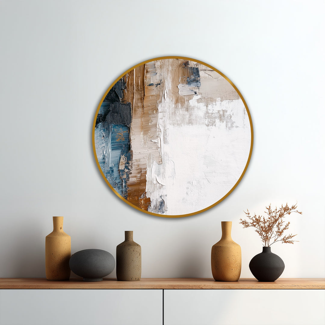 Visible surface texture is prominent in the abstract, round earth and horizon oil painting wall art, featuring thick brushstrokes of brown, cream, and blue.