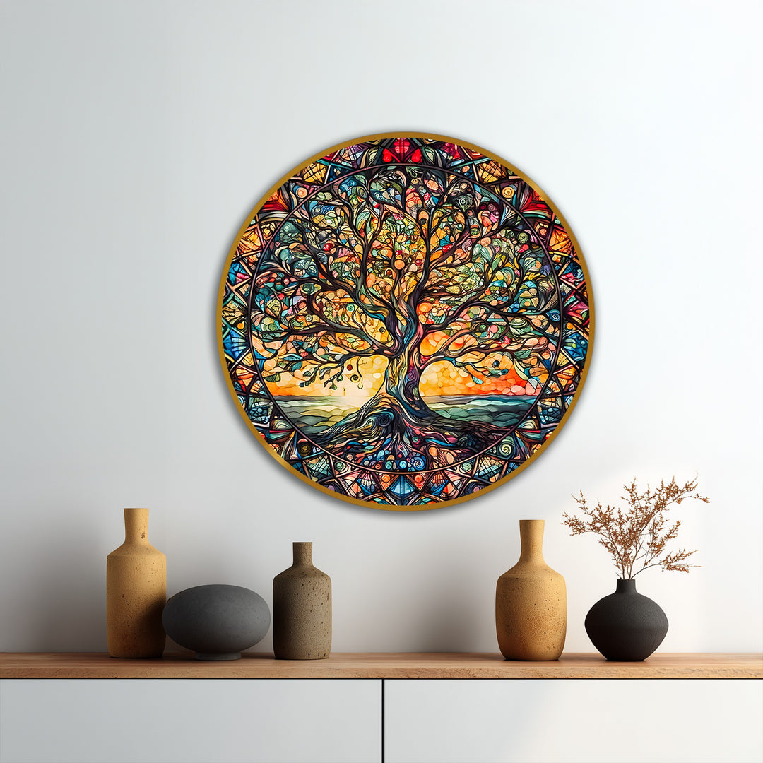 Subtle chromatic shifts define the sections of this Radiant Harmony stained glass Tree of Life round oil painting wall art, forming a vibrant spectrum of colors.