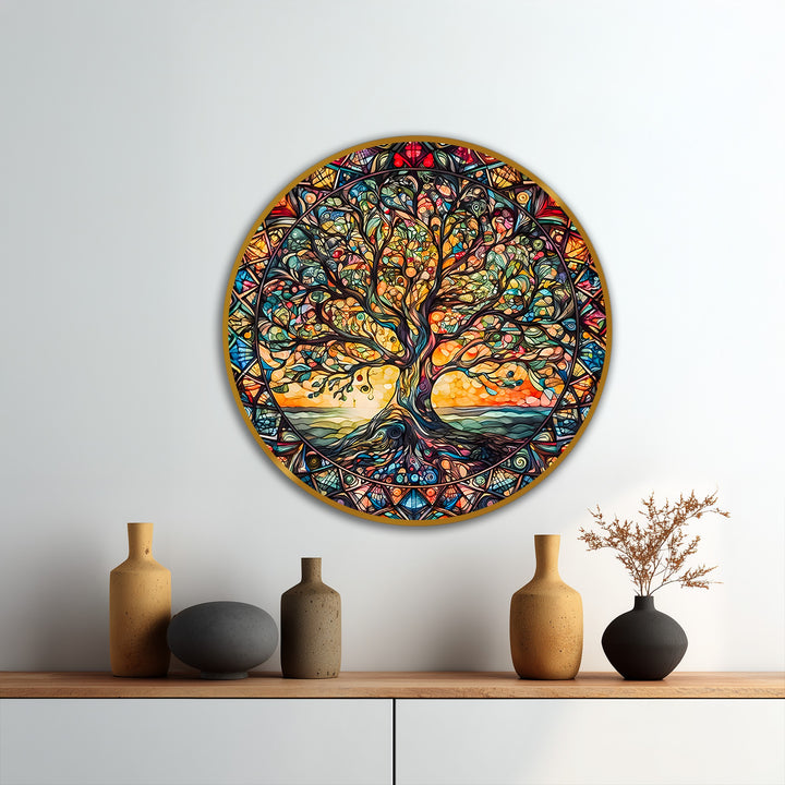 Subtle chromatic shifts define the sections of this Radiant Harmony stained glass Tree of Life round oil painting wall art, forming a vibrant spectrum of colors.