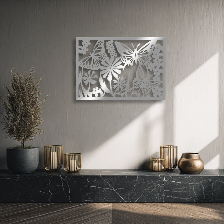 The sleek borders of the butterfly and floral silhouette metal artwork are meticulously crafted, enhancing the elegant nature panel design.