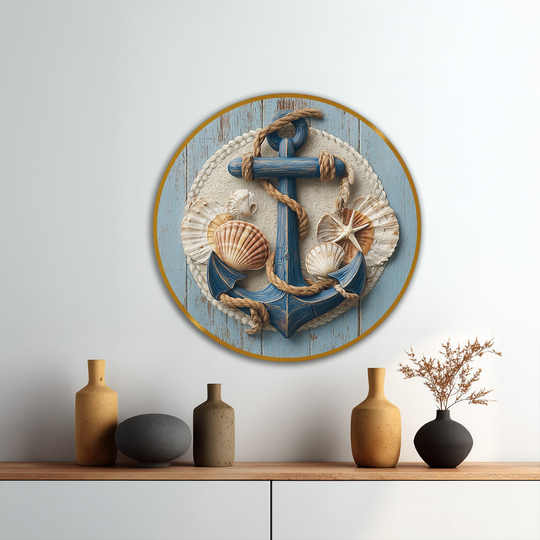 Blue dominates this coastal oil painting wall art featuring a nautical anchor, seashells, and rope in a round frame, lending a serene touch to seaside-themed decor.