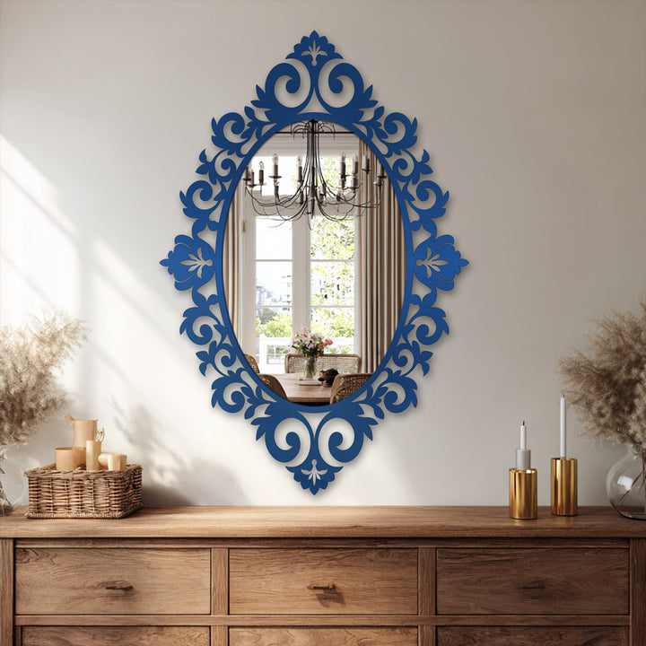Matte blue finish on the Baroque Elegance Floral Oval Floor bathroom mirror highlights its intricate floral baroque frame.