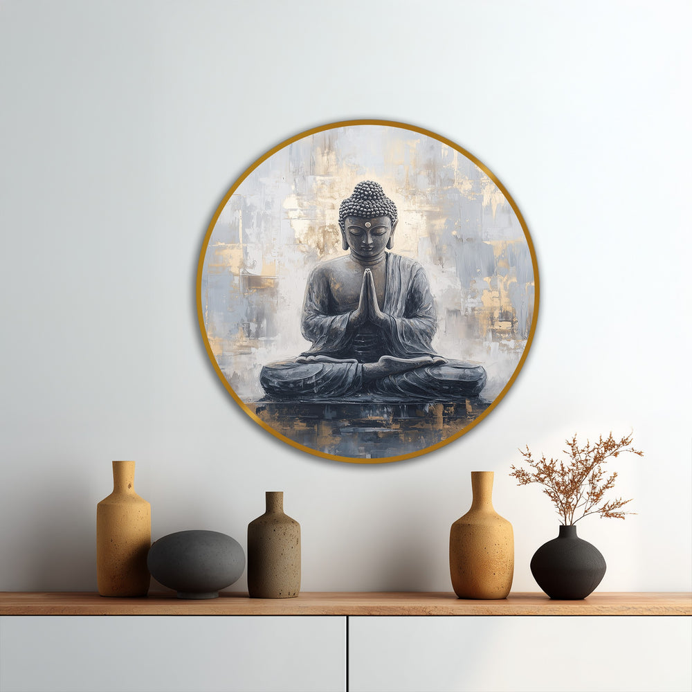 The softest element is the serene expression of the Buddha in this meditative oil painting artwork, with gold accents providing a calming presence.