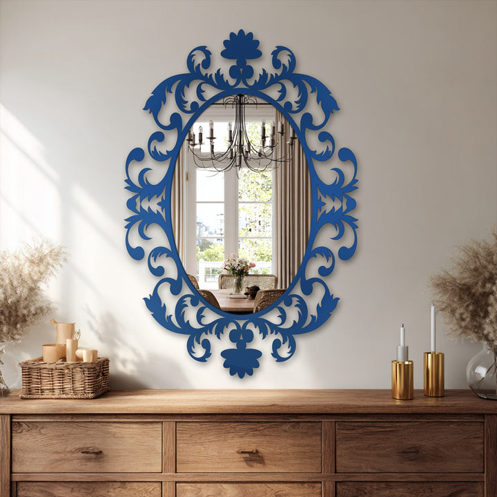 Reflecting a bright dining space, this ornate navy Royal Baroque Scrollwork Oval Floor Mirror offers decorative depth with its classic modern wall mirrors aesthetic.