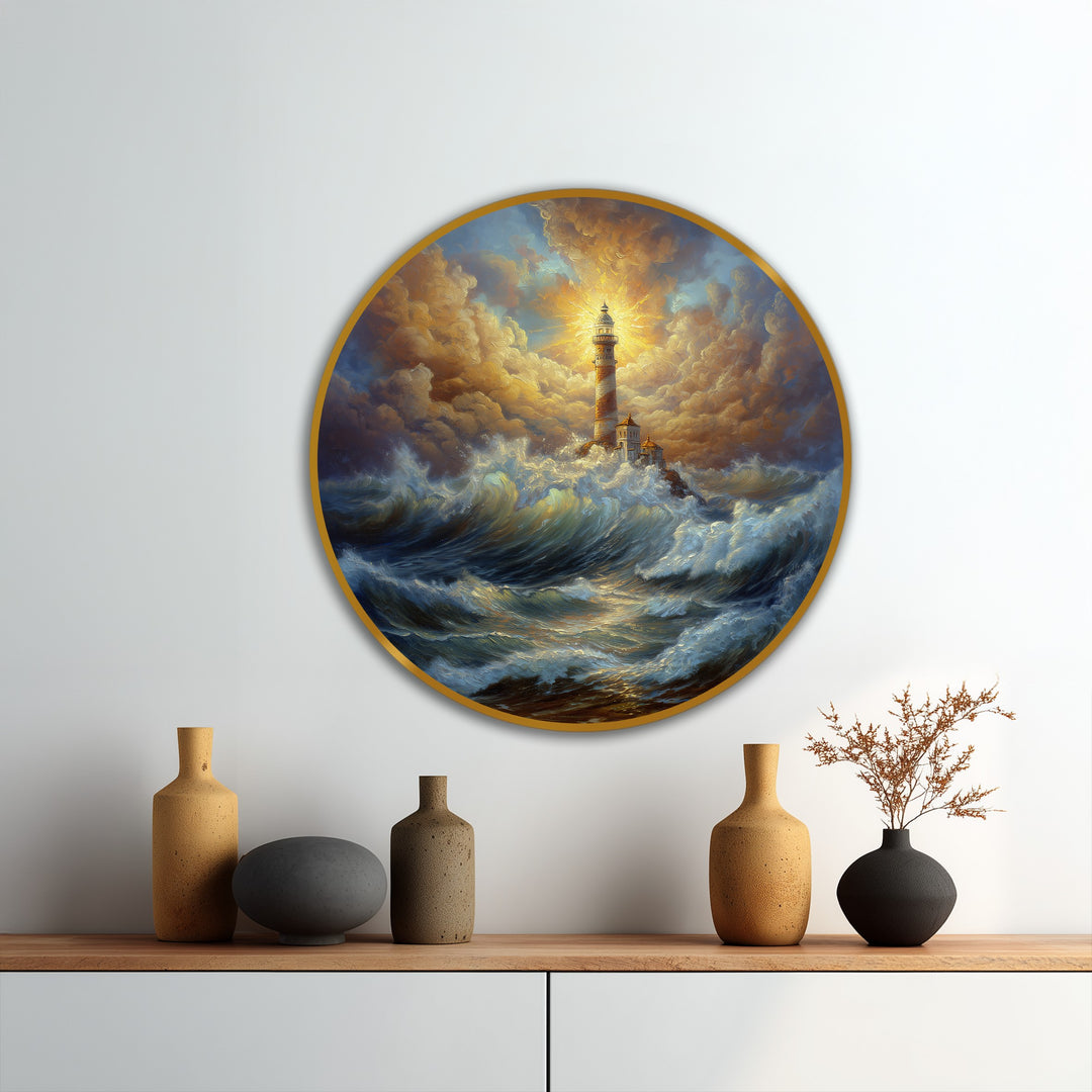 Horizontal, round oil painting reproduction print displays a radiant lighthouse amidst stormy seas, featuring a dramatic coastal scene with glowing skies and crashing waves.