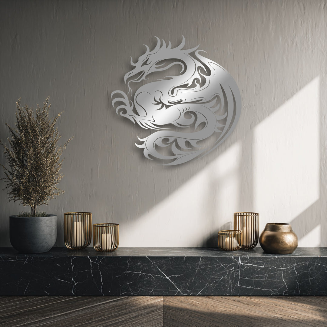 The unique metal wall art featuring a mythical dragon boasts intricate layers and remarkable depth, emphasized by its distinct shadow on the wall.