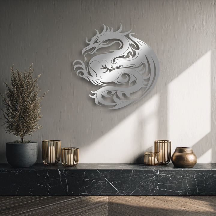 The unique metal wall art featuring a mythical dragon boasts intricate layers and remarkable depth, emphasized by its distinct shadow on the wall.