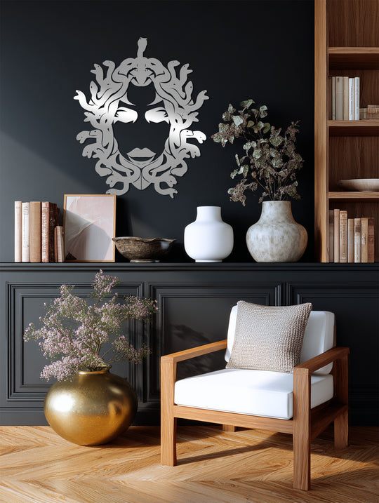 Horizontal, circular Medusa metal artwork silhouette features a mythological Greek goddess with snake details, adding a dramatic statement as unique metal artwork.
